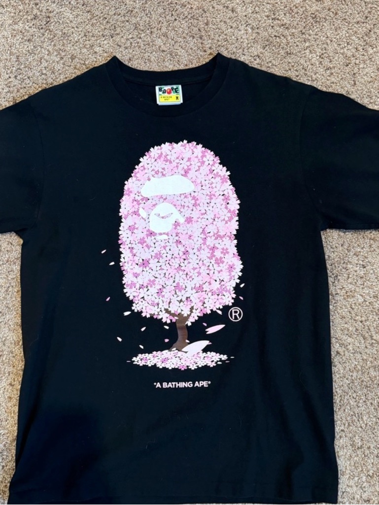 Bape Black Tee With Pink Sakura Ape Tree Graphic